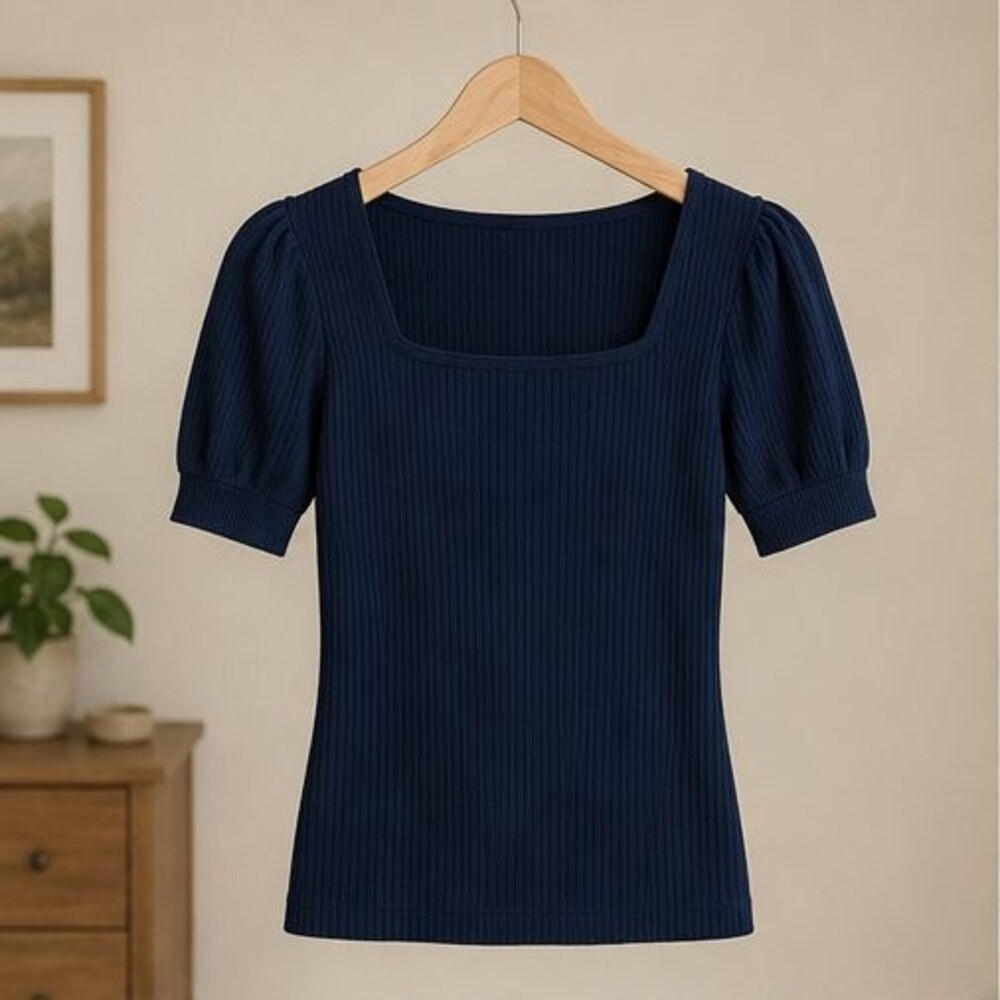 Navy Ribbed Square Neck Top